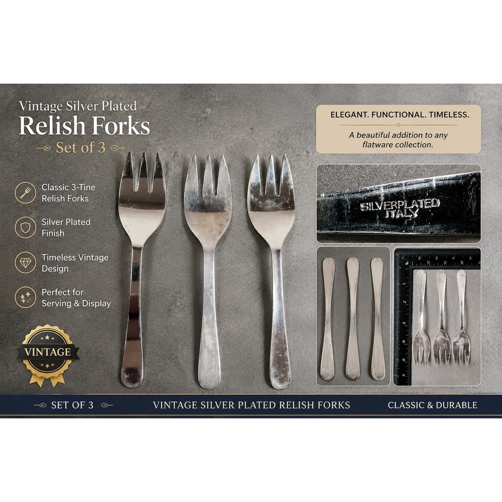 Vintage Silver Plated Relish Forks Set of 3 Made in Italy 3-Tine Appetizer Forks